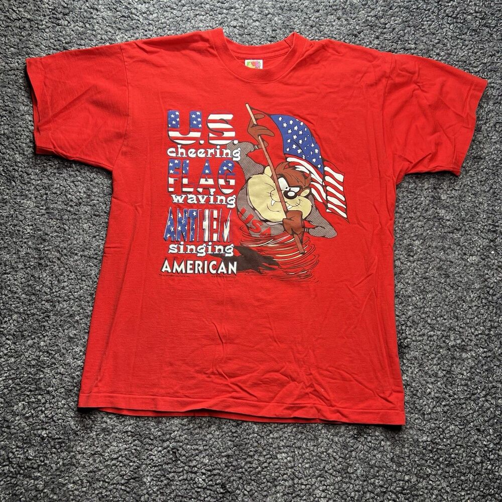 Vtg Taz T Shirt Looney Tunes Patriotic 90s Red USA Tasmanian Devil Size XL